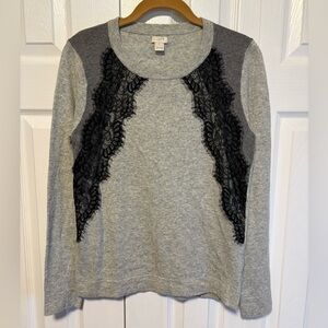 J Crew Merino Wool Blend Gray Sweater with Black Lace Detail